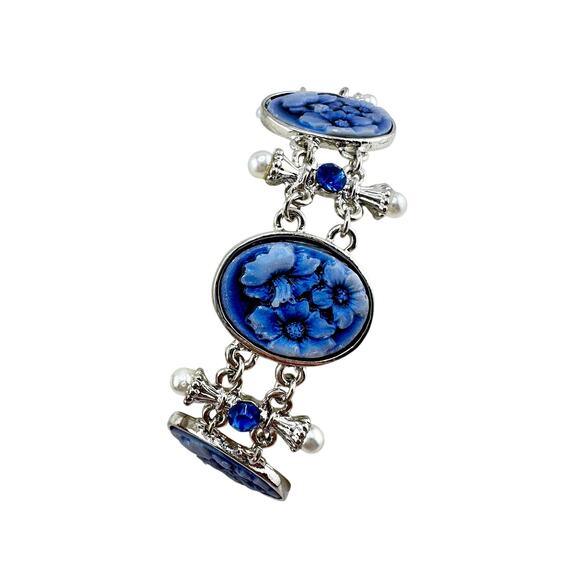 Vintage Style Victorian Revival Blue Faux Floral Cameo Silver Tone Bolo Bracelet - Picture 2 of 5